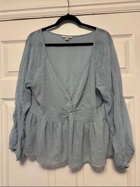 American Eagle Outfitters Light Blue Knot-Front Peplum Blouse